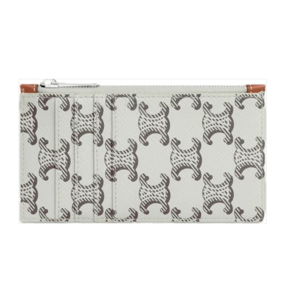 Celine Zipped Card Holder in Triomphe Canvas and Calfskin Tan/Ecru